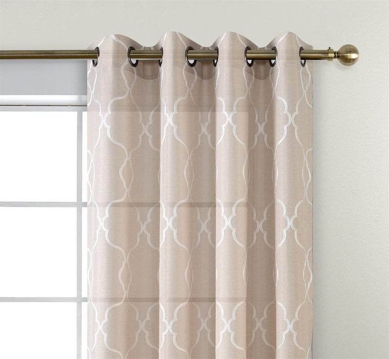 MIUCO Moroccan Embroidered Semi Sheer Curtains Faux Linen Grommet Window Drapes for Living Room 52 x 95 Inch 1 Pair Set, Linen - Image 3